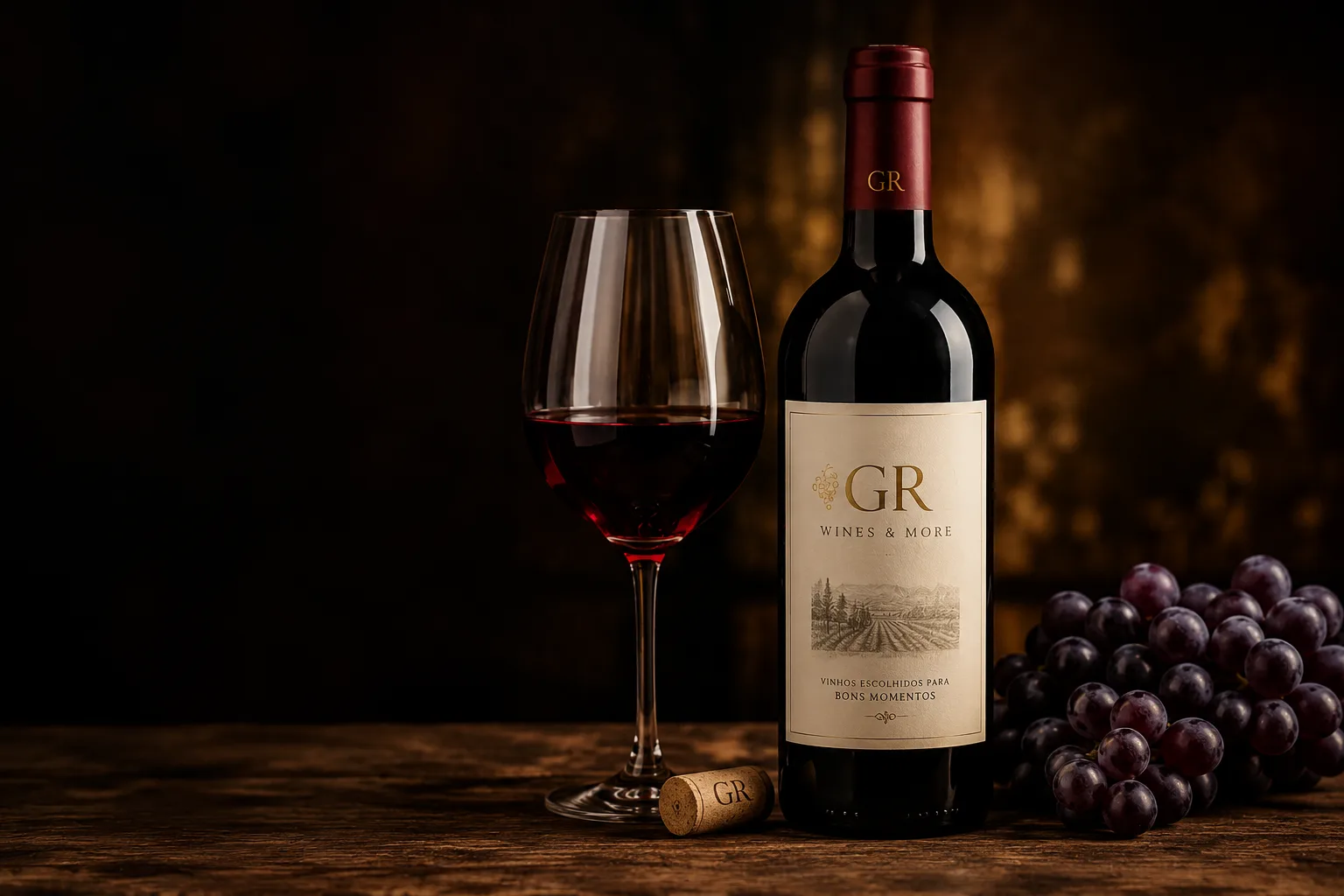 Garrafa de vinho tinto GR Wines & More, com taça e uvas sobre mesa de madeira